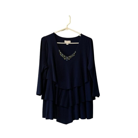 Susan‎ Graver Women Ruffle Tiered Tunic Blouse Size Large Blue Stretch Flowy - Picture 1 of 11